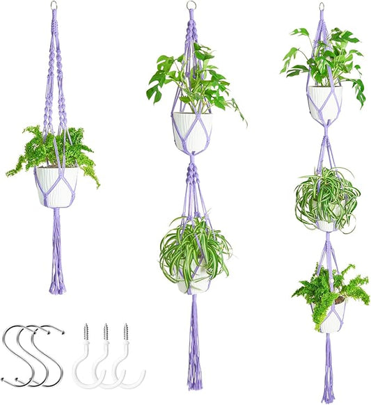 XXXFLOWER 3 Pack Macrame Plant Hanger Indoor Set with Hooks Handmade Woven Cotton Rope Flower Pot Crochet Plant Holder Stand Boho Plant Decor Hanging Planter Baskets Set of 3 with Beads Purple