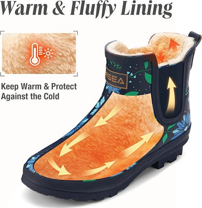 HISEA Women's Plush Rain Boots Waterproof, Chelsea Rubber Booties Women, Ladies Ankle Snow Boots for Winter Spring Garden Outdoor