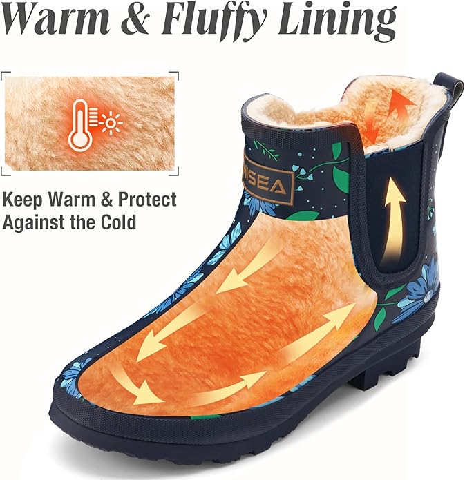 HISEA Women's Plush Rain Boots Waterproof, Chelsea Rubber Booties Women, Ladies Ankle Snow Boots for Winter Spring Garden Outdoor