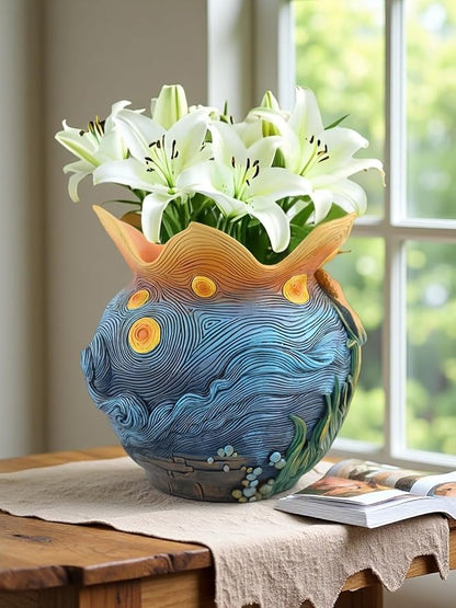 Starry Night Floral Planter, Unique and Interesting Abstract Art Flower pots, Vibrant Colors, Perfect for Home/Garden Artistic Decoration (Flowers)