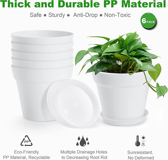 4 Inch Plastic Plant Pots 6 Pack, Small Flower Pots with Drainage Holes and Tray, Thickened Indoor Planters Seedlings Nursery Pots, African Violet, Succulent and All House Plants, White
