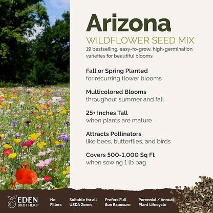 Eden Brothers Arizona Wildflower Mixed Seeds for Planting, 1 lb, 480,000+ Seeds with Yarrow, Cosmos, Indian Blanket | Attracts Pollinators, Plant in Spring or Fall, Zones