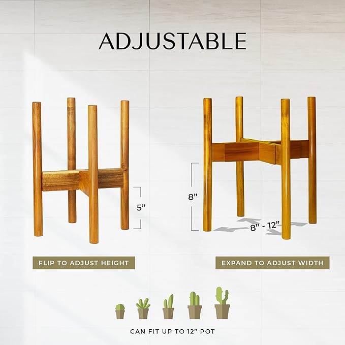 Acacia Hardwood Adjustable Plant Stand Indoor, Planter Stand Pot, Mid Century Modern Planter Holder for Indoor Plants, Outdoor Pedestal fits 8 9 10 11 12 Inches Pots, Wooden Pedestal Only