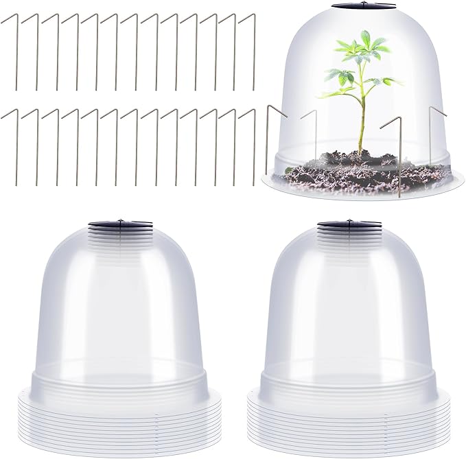 Zopeal 20 Pcs Large Garden Cloche Humidity Plant Dome 10.24" Dia x 8.27" H Reusable Thick Garden Plant Protector Covers Clear Plastic Dome Mini Greenhouses with 80 Securing Pegs for Outdoor Seed