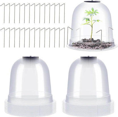 Zopeal 20 Pcs Large Garden Cloche Humidity Plant Dome 10.24" Dia x 8.27" H Reusable Thick Garden Plant Protector Covers Clear Plastic Dome Mini Greenhouses with 80 Securing Pegs for Outdoor Seed