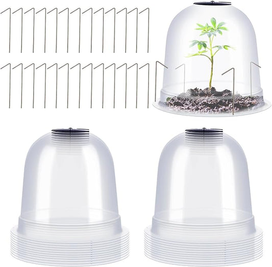 Zopeal 20 Pcs Large Garden Cloche Humidity Plant Dome 10.24" Dia x 8.27" H Reusable Thick Garden Plant Protector Covers Clear Plastic Dome Mini Greenhouses with 80 Securing Pegs for Outdoor Seed