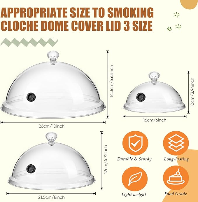 Baderke 3 Pcs Smoking Cloche Dome Cover 6 8 10 Inch Transparent Cocktail Smoker Clear Dome for Gun Smoke Infuser Acrylic Cocktail Lid Accessory for Smoker Infusion Food Drink Plates Bowls and Glass