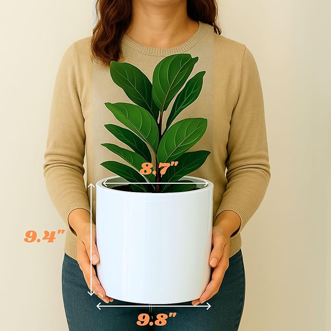 Fox & Fern 10 Inch Plant Pot with Drainage Plug — Premium Lightweight Fiberstone Glossy White Planter - Indoor & Outdoor Planter - 10 Inch Pots for Plants - Weather Resistant & UV Resistant