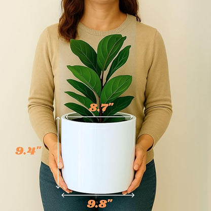 Fox & Fern 10 Inch Plant Pot with Drainage Plug — Premium Lightweight Fiberstone Glossy White Planter - Indoor & Outdoor Planter - 10 Inch Pots for Plants - Weather Resistant & UV Resistant