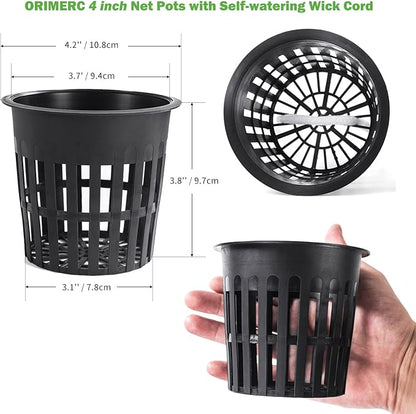 ORIMERC 4 inch 15 Pack Net Cups Pots, with 15 feet Self Watering Rope, 15 Plant Labels, for Hydroponics Aquaponics Kratky Orchid Vegetable Indoor Outdoor Growing Baskets Nursery Slotted Mesh BPA Free