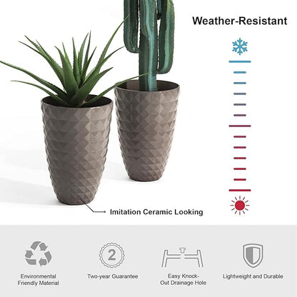 Glitzhome 19.75" H Tall Outdoor Planters Set of 2, Large Planters for Outdoor Plants, Oversized Textured Tall Planter with Drainage Holes, Decorative Round Flower Pots for Indoor Outdoor