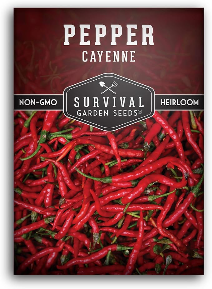 Cayenne Pepper Seeds for Planting | Hot Heirloom Non-GMO Red Peppers with 30,000–50,000 Scoville Heat – Survival Garden Seeds (1 Pack)