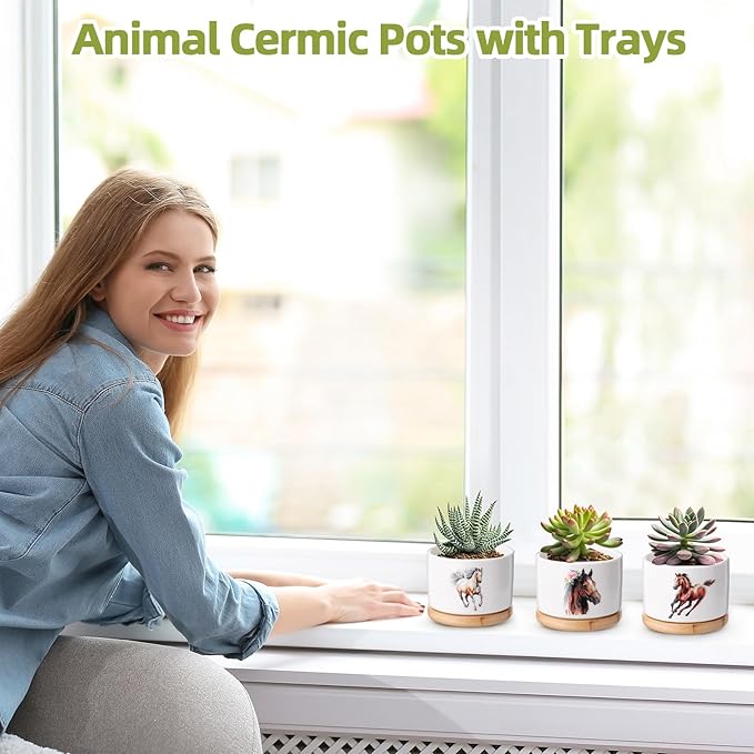 Vesici 3 Pcs Horse Gifts for Women Horse Planter Succulent Pots with Drainage and Bamboo Tray Small Ceramic Succulent Planters Animal Plant Pot for Christmas Office Home Decor Plant Lovers