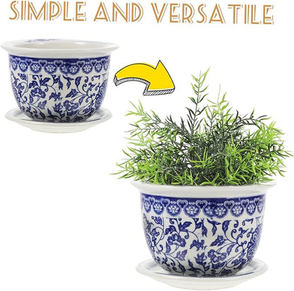 DOITOOL Blue and White Porcelain Plant pots with Drainage Holes and Drainage Tray for Indoor and Outdoor Plants, Ceramic Flower Pots