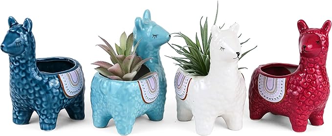 Cute Alpaca Succulent Pots, 4 Pc. Set Animal Planter, Decorative Ceramic Planters for Natural Indoor Gardens and Cacti, Colorful Office and Home Decor for Living Room, Kitchen, or Desk