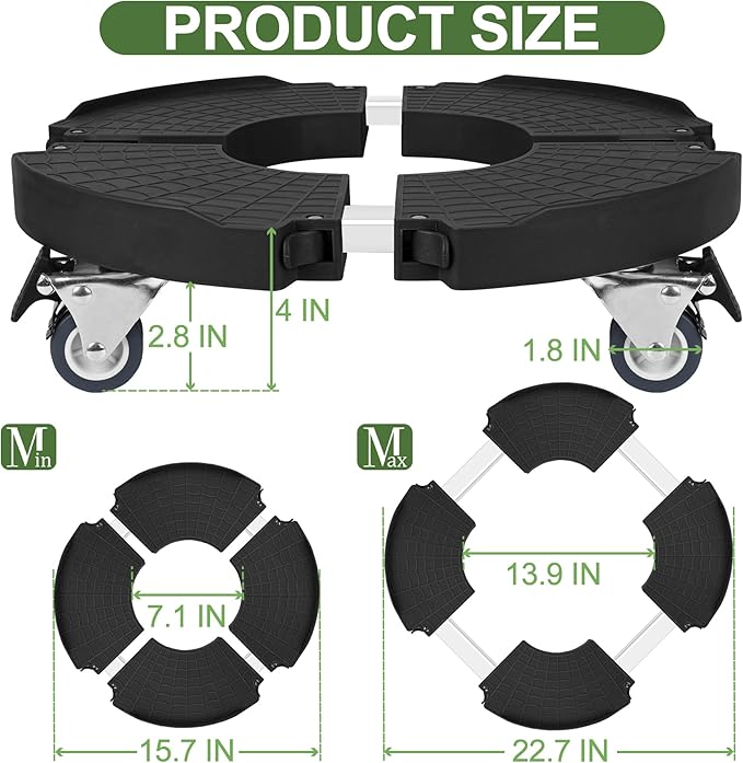 Plant Caddy Stand with 360° Wheels Adjustable 15-22 Inch Rolling Plant Stand Heavy Duty Large Plant Cart Dolly with Casters 440lbs Capacity for Large Planter, Garden Pot, Flower Pot, Black, 1 Pack