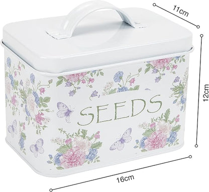 Katai – Seed Storage Box – Durable Metal Organizer for Gardeners with Lid, Monthly Dividers, 20 Envelopes & Pencil – Compact Floral Seed Packet Box