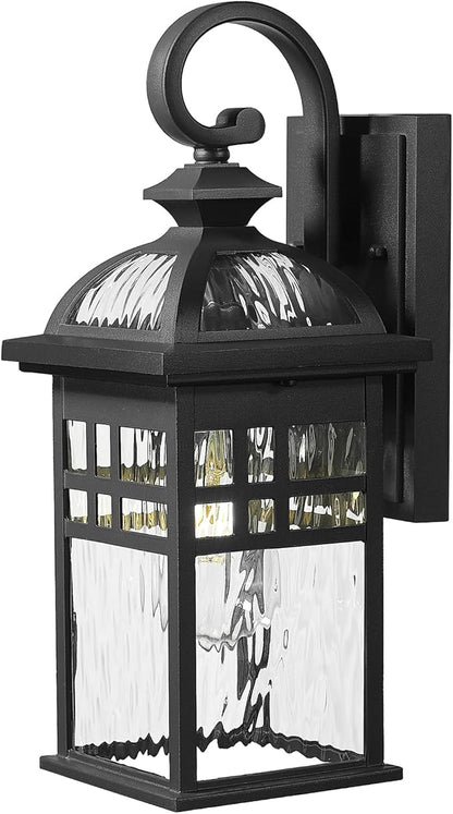Emliviar Farmhouse 15 Inch Patio Wall Light Fixture, 1-Light Outdoor Wall Light with Water Ripple Glass, Black Finish, DE281B BK-WP