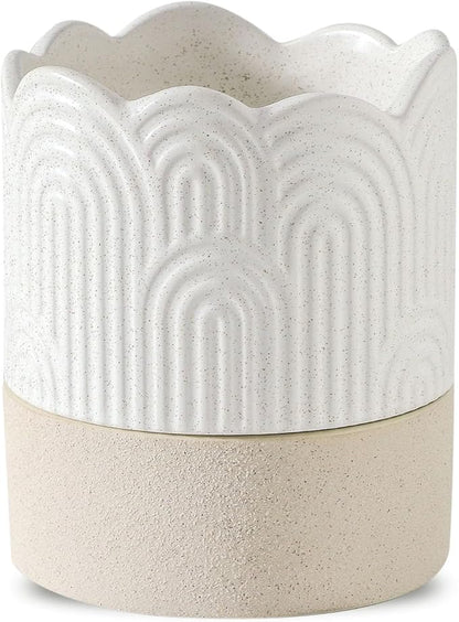 Nihow Self Watering Plant Pot: 4.5 Inch Ceramic Planter with Drainage Hole & Water Storage Plus for Indoor & Outdoor Plants - Cylinder Flower Pot for Herbs/Violets - Beige & Nature