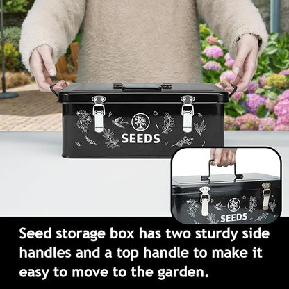 Seed Storage Box, Seed Storage Organizer with Garden String, 30 Seed Envelopes and Bamboo Plant Labels, 4 Compartments Garden Seed Organizer Box with Safety Locks, Black
