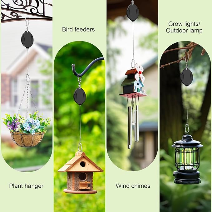 2Pcs Upgraded Heavy Duty Retractable Plant Hanger,Plant Pulleys for Hanging Plants,Easy to Raise and Lower,Auto Lock,Adjustable Hook for Garden Baskets Pots,Birds Feeder and Wind Chime,Black