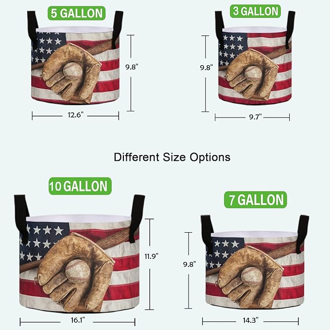 5 Gallon Vintage Baseball Bat Glove American Flag Breathable Grow Bags Heavy Duty Planter Pot Containers with Handles for Potato Tomato Fruits Flowers Vegetables