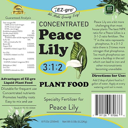 EZ-GRO Peace Lily Fertilizer for Indoor Plants - Concentrated Liquid Plant Food with The Ratio of 3 1 2 NPK Fertilizer | Perfect for Indoor Plant Food, 8 Fl.Oz (250 ml)