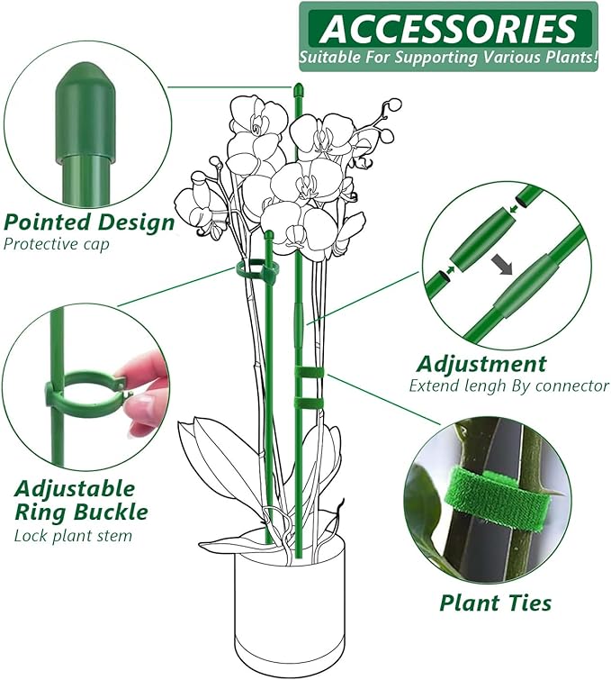 20Pcs Plant Stakes 17inch, Toylin Adjustable Length Plant Support Stake Green Orchid Stick with Clips for Indoor Outdoor,Garden Pole for Potted Orchid Tomato Vegetables
