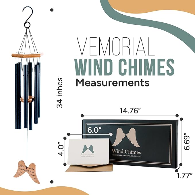 Memorial Wind Chimes for Loss of Loved One, 34" Angel Wing Windchimes Sympathy Gifts for Loss of Loved one, Sympathy Wind Chimes Memorial Gifts for Loss of Mother Father Funeral Gifts Condolence.