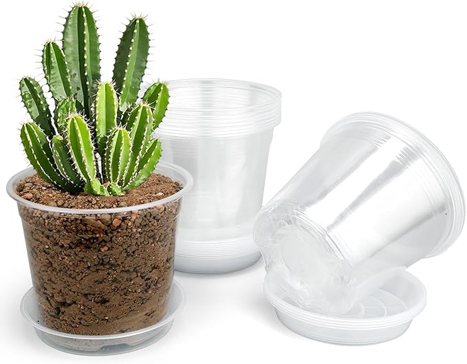 20 Pack 5 Inch Clear Nursery Pots with Drainage and Saucer, Clear Plastic Planter Pots for Plants, Flexible Seed Starting Pots for Succulents, Small Herbs, Annual Flowers (5 Inch)