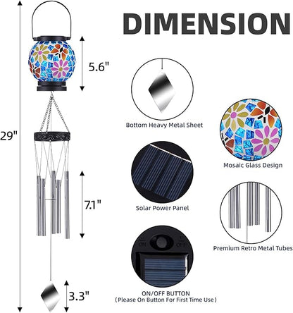 VOREEN Solar Wind Chimes with Gentle Chime Sound, Blue Mosaic Glass Lantern for Outdoor, Calming Night Glow & Relaxing Breeze Melody, Waterproof Porch Yard Garden Decor, Memorial & Sympathy Gift