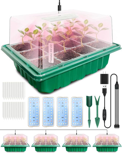 Seed Starter Tray with Grow Light (4x 24-LED), 4 Pack 48-Cell Seed Starter Kit with Humidity Domes and Timing Controller, Adjustable Brightness, Reusable Thicken Seedling Starter Tray Germination Kit