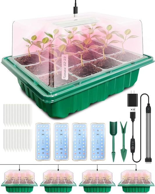 Seed Starter Tray with Grow Light (4x 24-LED), 4 Pack 48-Cell Seed Starter Kit with Humidity Domes and Timing Controller, Adjustable Brightness, Reusable Thicken Seedling Starter Tray Germination Kit