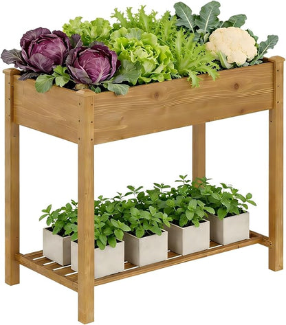 Raised Garden Bed with Legs, Wooden Raised Garden Bed with Storage Shelf, 34x18x30.7in, Elevated Wood Planter Box for Vegetables Flowers Herbs, Garden Planter for Backyard Patio Balcony (Brown, S)