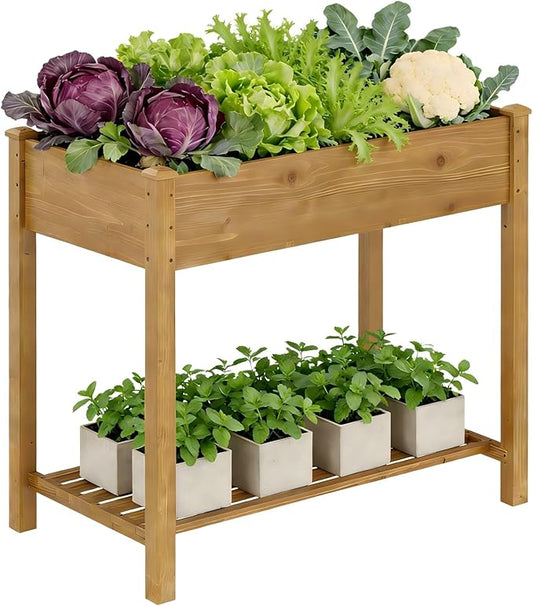 Raised Garden Bed with Legs, Wooden Raised Garden Bed with Storage Shelf, 34x18x30.7in, Elevated Wood Planter Box for Vegetables Flowers Herbs, Garden Planter for Backyard Patio Balcony (Brown, S)