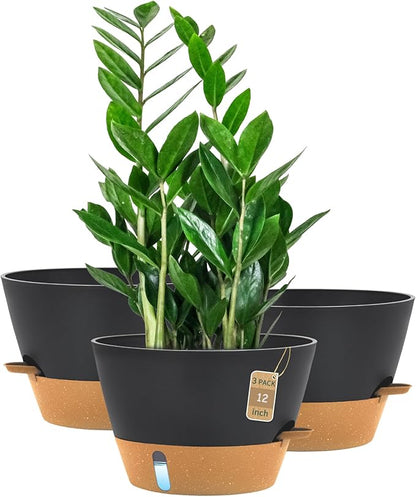 12-Inch Self Watering Planters with Drainage Holes, Large Flower Pots for Indoor Outdoor Plants, Garden Pots Grey 3 Pack