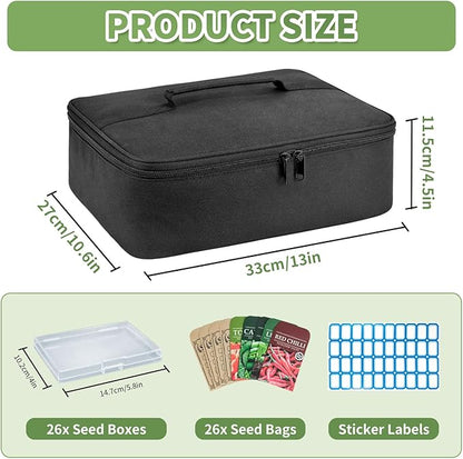 Boczif 26 Slots Seed Storage Organizer Box with Insulated Bag Seed Envelopes Bag and Label Stickers, Garden Seed Container for Seed Packets, Plant, Flower, Vegetable Seeds