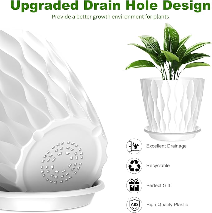 6 Pack 6 Inch Indoor Plant Pots with Drainage Holes, Outdoor Plastic Decorative Flower Pots, Garden Planters with Tray Saucers for Orchids, Violets, Succulents, Herbs, and Other Plants