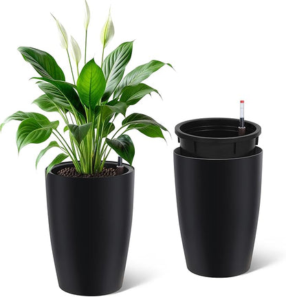GarveeLife Set of 2 Tall Planters for Outdoor Plants, 16in Large Planters for Outdoor Indoor Plants with Water Level Monitor ＆ Inner Bucket, Automatic Watering, for Porch, Patio, Backyard（Black,Large）