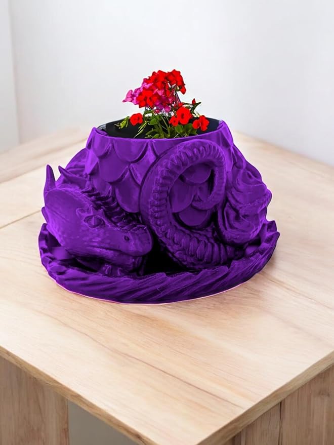Sleeping Dragon Planter Vase - Gardening and Plant Lover Gifts | Witchy and Cottagecore Home Decor Piece for Succulents or Zen Garden | Medieval Boho Flower Pot with Drainage Holes (Purple Silk)