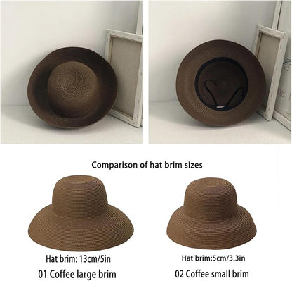 Wide-Brim Classic Elegant Style Foldable Straw Hat Women's Retro UV Resistant Sun Hats for Outdoor, Beach and Travel