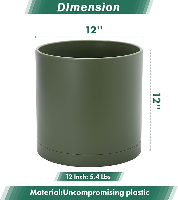 D'vine Dev 12 Inch Plastic Planter Pots for Plant Pot with Drainage Hole and Seamless Saucers, Olive, 74-X-I-3