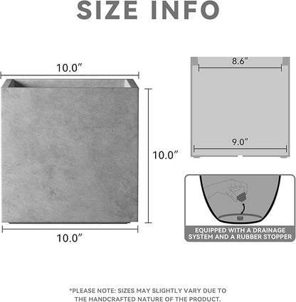 Kante 10 Inch Square Concrete Planter for Outdoor Indoor Home Patio Garden, Large Plant Pot with Drainage Hole and Rubber Plug, Natural Concrete