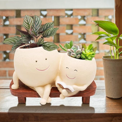 Smily Face Planter Pot for Plants, Cute Double Head Planters for Indoor Outdoor Plants, Modern Lady Head Vase Girl Face Planter, Unique Succulent Pots with Drainage Hole (Khaki)
