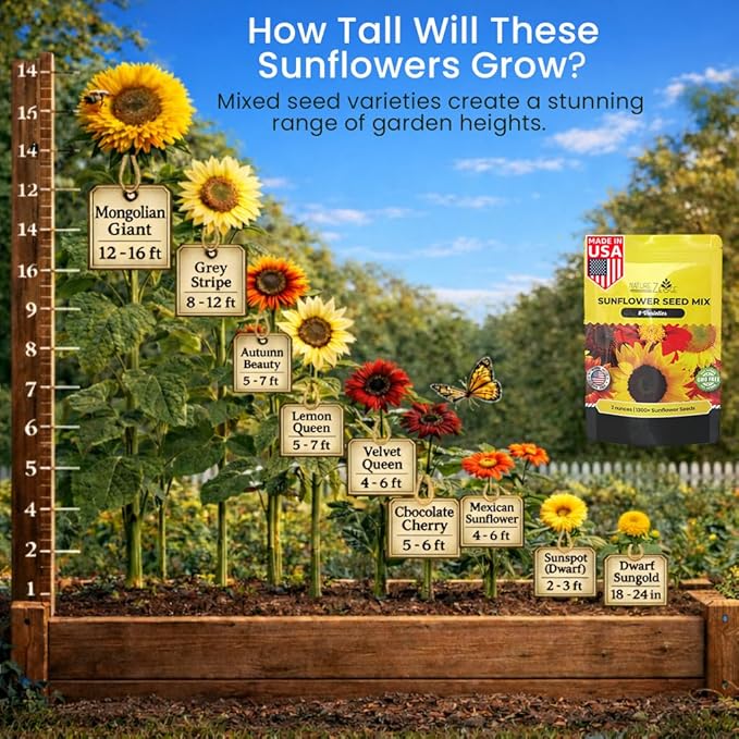 NatureZ Edge 1300+ Sunflower Seeds Garden Variety Pack, Bulk Sunflower Seeds for Planting Flowers, Get More Sunflower Seeds to Plant, Mammoth, Dwarf, Lemon Queen, Giant and More. 2oz Packet