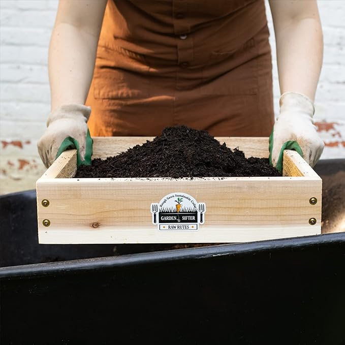 Cedar Garden Sifter for Compost, Dirt and Potting Soil - Handcrafted in The USA - Sustainable Cedar - Heavy Duty Stainless Grate (Handheld)