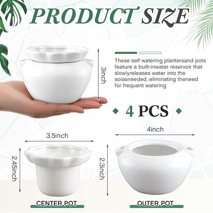 4 Set 4 Inch African Violet Pots Self Watering White Ceramic Planter Highly Absorbent Inner Planter Pot for Indoor Plants Plant Lovers Ideal Plant Pot Thriving Plant Flower Maintenance