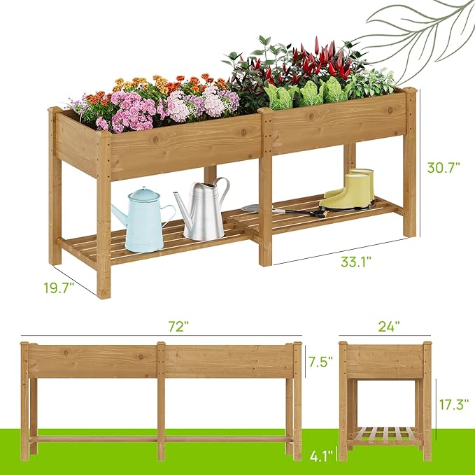 Raised Garden Bed with Legs Wood Elevated Planter Box Gardening Outdoor Planter Box Patio Kit Planting Bed for Vegetables Flowers Herbs Outdoor for Patio Balcony Backyard 72x24x30.7in(Brown, Large)