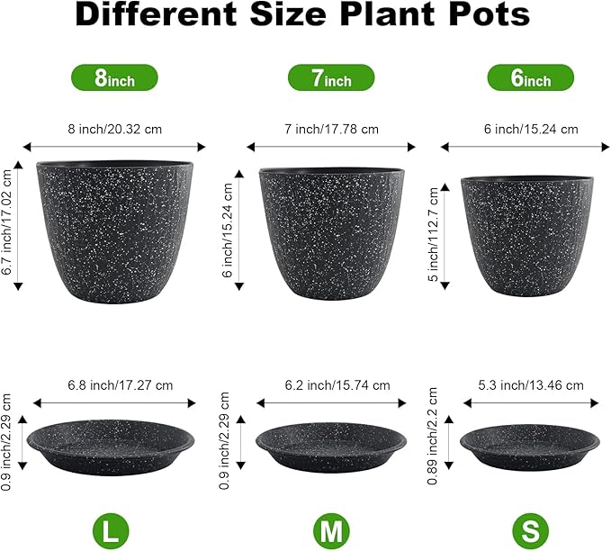 8/7/6 inch Plant Pots, 3 Pack Flower Pots for Outdoor Indoor Garden Plants, Large Planters with Multi Mesh Drainage Holes and Saucer (Speckled Black, 8"+7"+6")