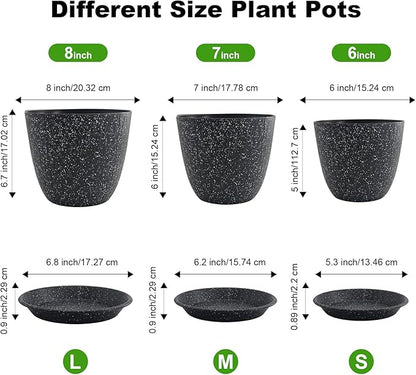 8/7/6 inch Plant Pots, 3 Pack Flower Pots for Outdoor Indoor Garden Plants, Large Planters with Multi Mesh Drainage Holes and Saucer (Speckled Black, 8"+7"+6")